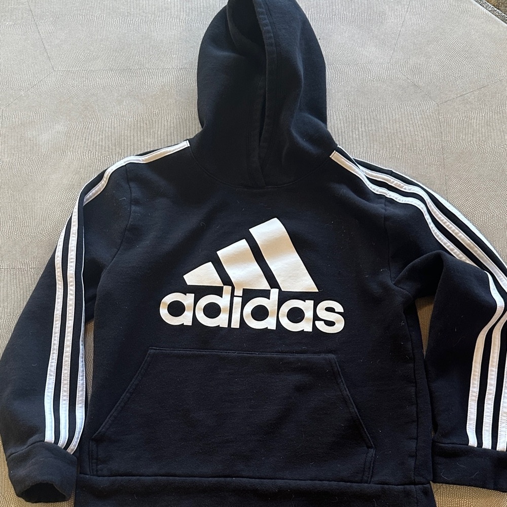Adidas Kids Black Hoodie with White Logo and Stripes